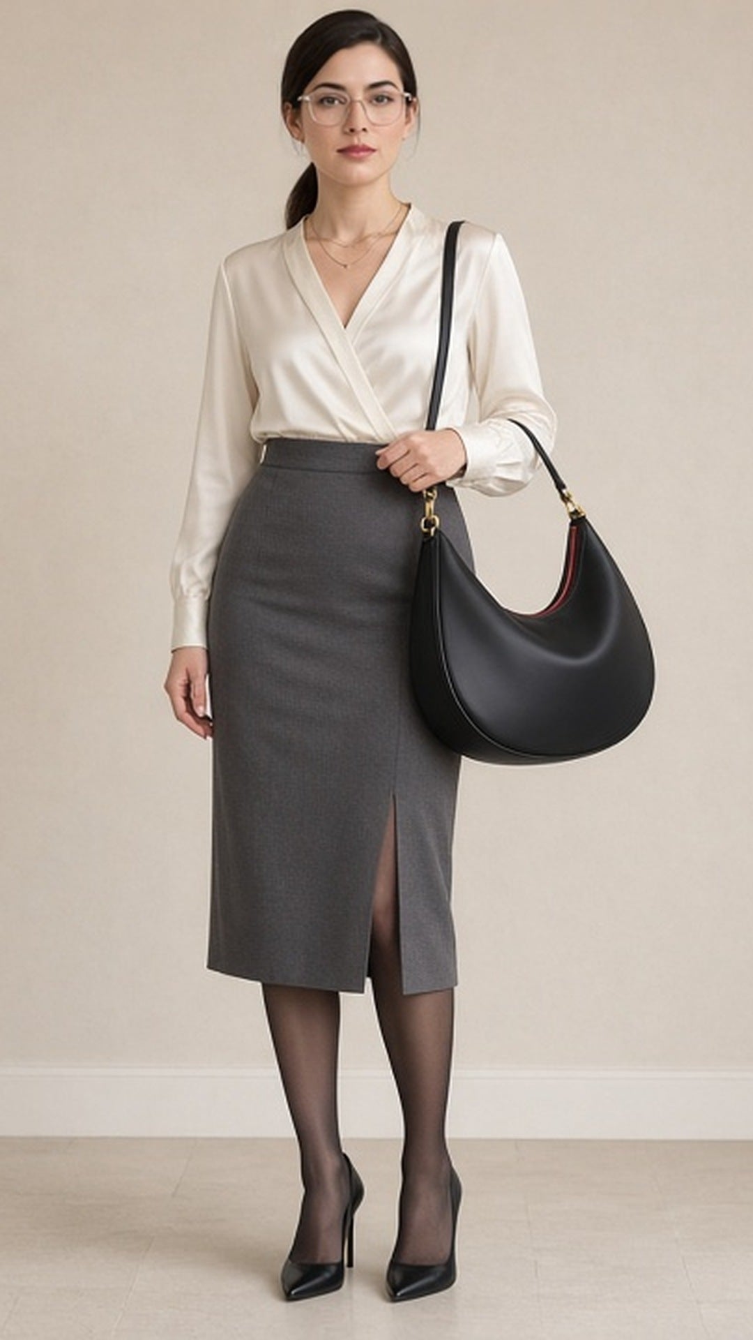 Modelo da Donnarella com a Bolsa Meia-Lua Feminina Vintage preta no ombro, óculos de lente clara, cabelo em rabo de cavalo baixo, blusa de cetim creme e saia lápis cinza com fenda