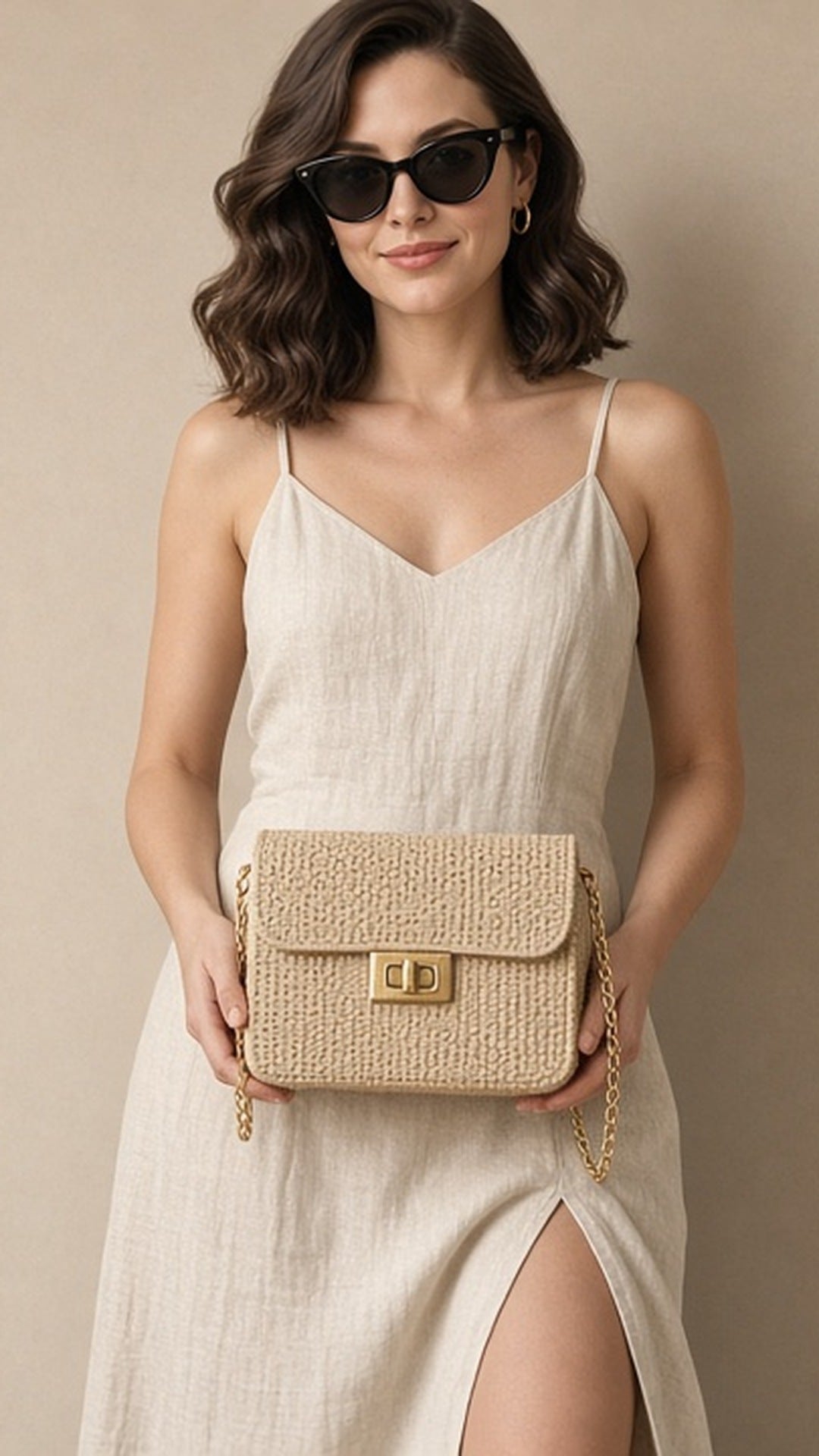 Modelo Donnarella com óculos escuros, cabelo lob ondulado retrô, usando bolsa de palha quadrada bege com alça de corrente dourada e vestido midi de linho off-white com fenda