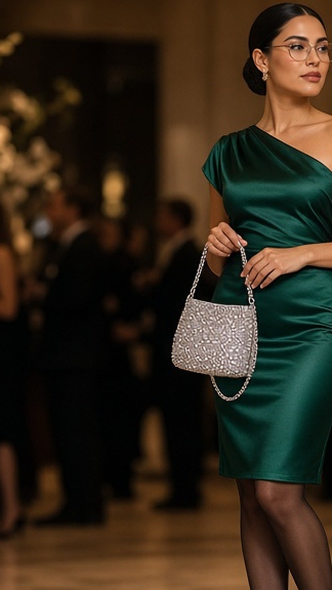 Modelo da Donnarella segurando a Bolsa de Festa com Strass e Corrente prata, com vestido de cetim verde-esmeralda, coque baixo e óculos de lente clara