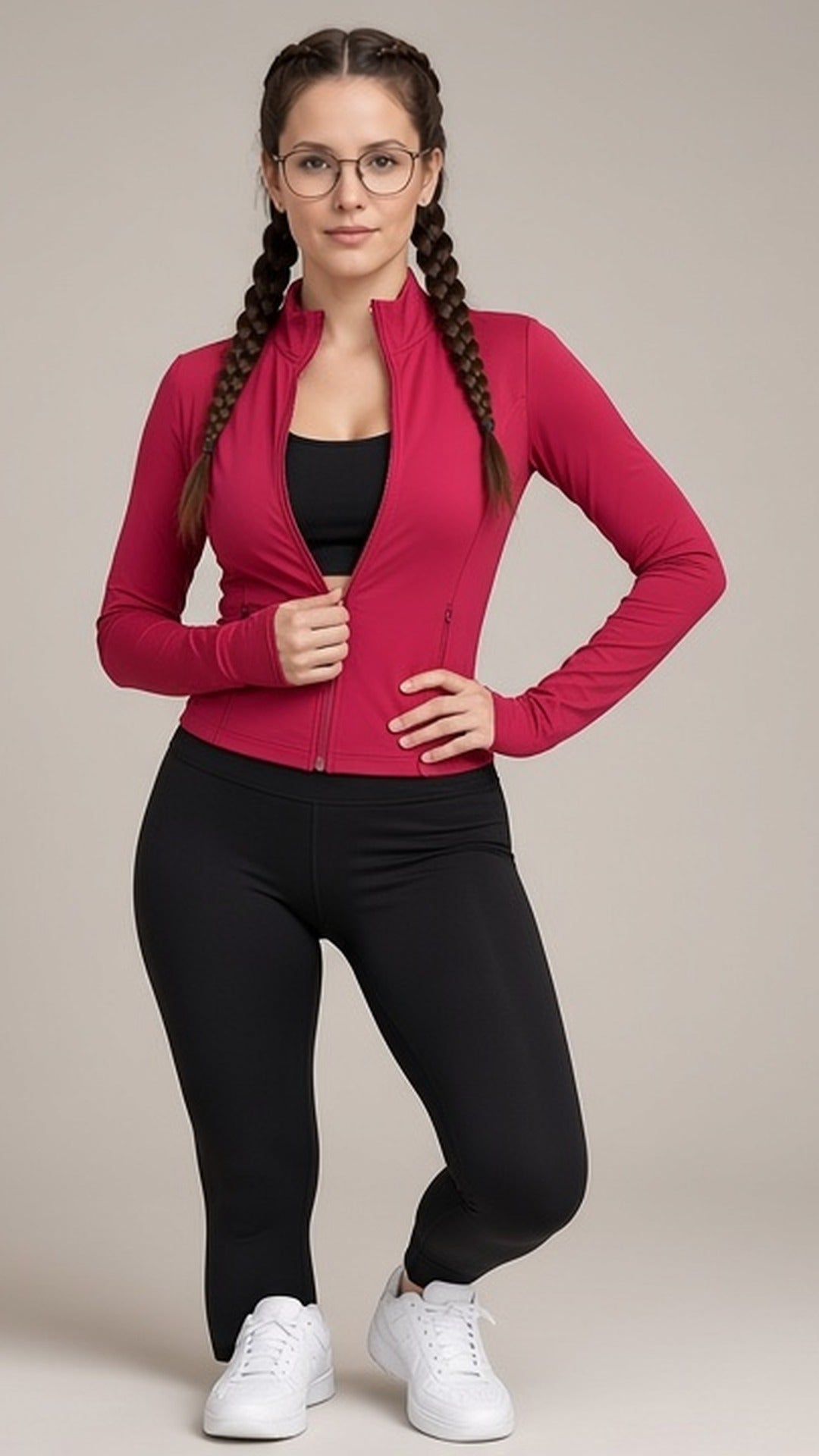 Modelo Donnarella com óculos de grau, cabelo em duas tranças boxeadoras, usando jaqueta esportiva vermelho framboesa com zíper sobre top preto e legging preta