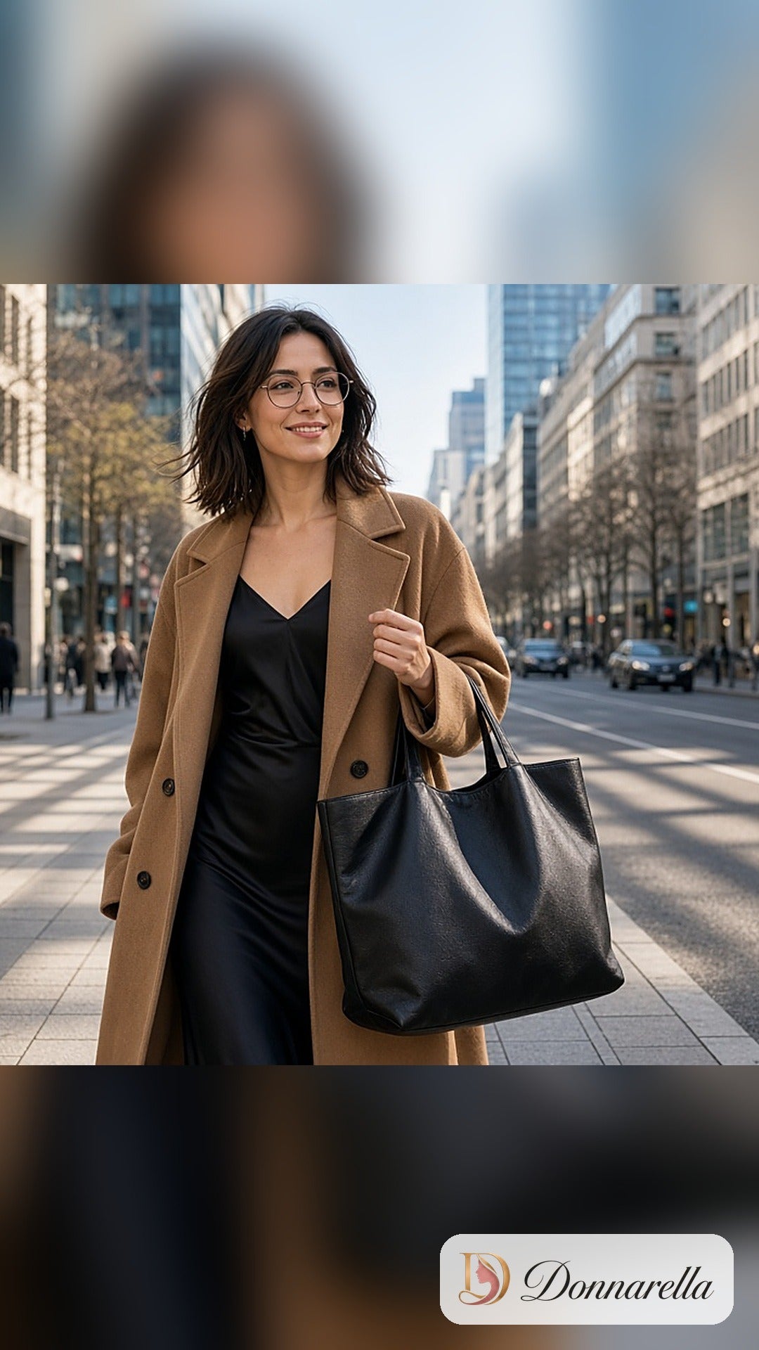 Nossa modelo em uma avenida moderna e ensolarada, de vestido slip de cetim preto e sobretudo caramelo, com a Bolsa Tote Feminina Grande preta no ombro.