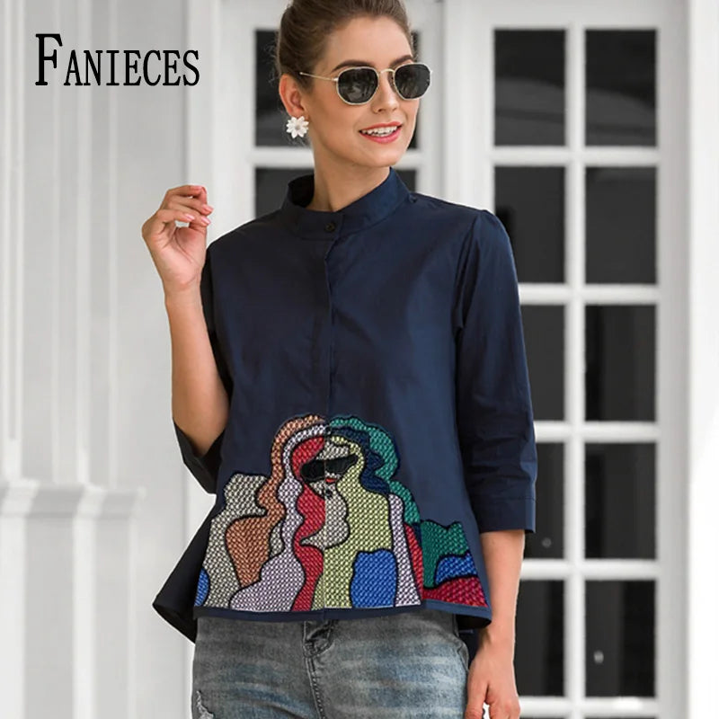 Women Summer Fall Tops Blouses Casual 3/4 Sleeve Runway Shirts Embroidered Elegant Office Lady Blusas بلايز نسائيه ف