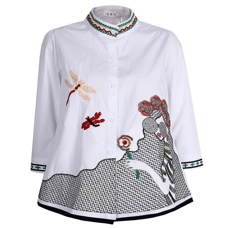 Women Summer Fall Tops Blouses Casual 3/4 Sleeve Runway Shirts Embroidered Elegant Office Lady Blusas بلايز نسائيه ف