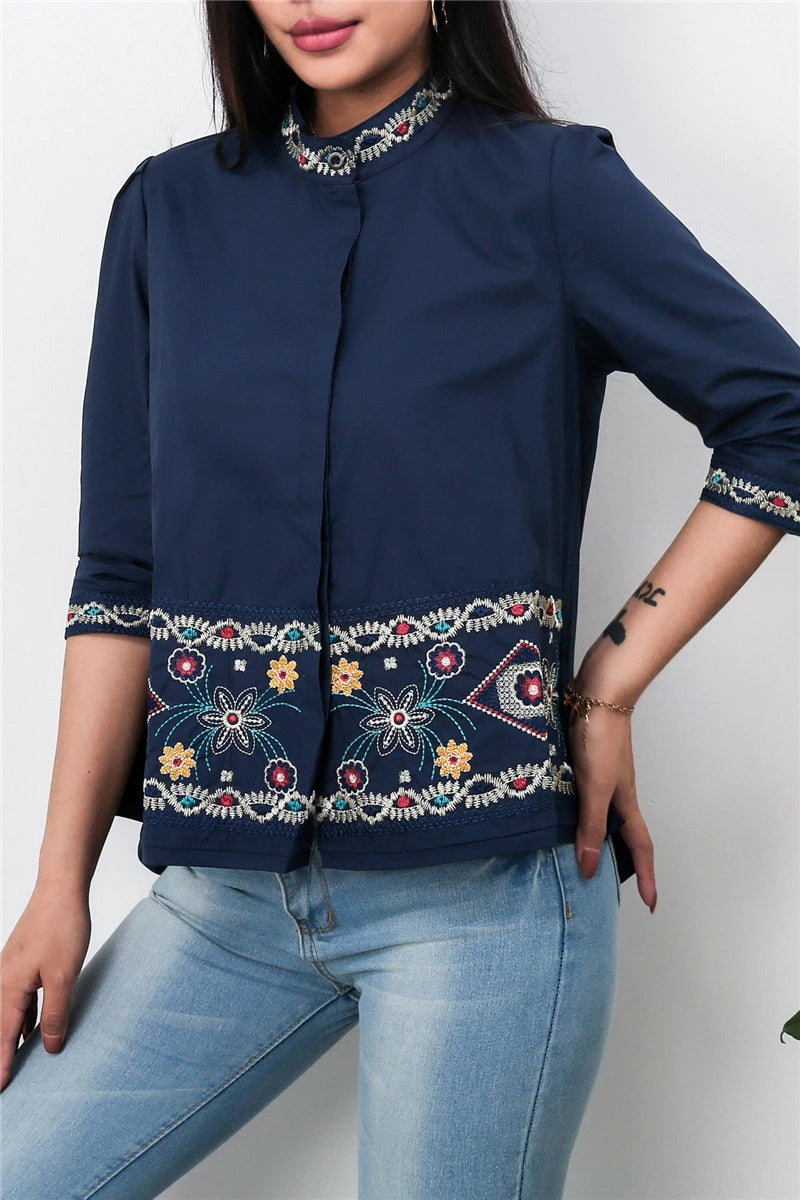 Women Summer Fall Tops Blouses Casual 3/4 Sleeve Runway Shirts Embroidered Elegant Office Lady Blusas بلايز نسائيه ف