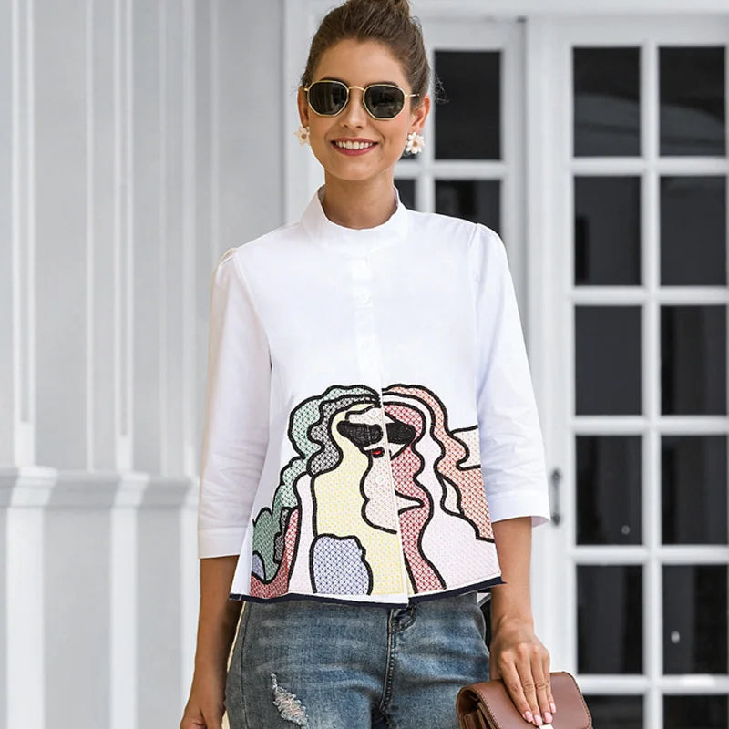 Women Summer Fall Tops Blouses Casual 3/4 Sleeve Runway Shirts Embroidered Elegant Office Lady Blusas بلايز نسائيه ف