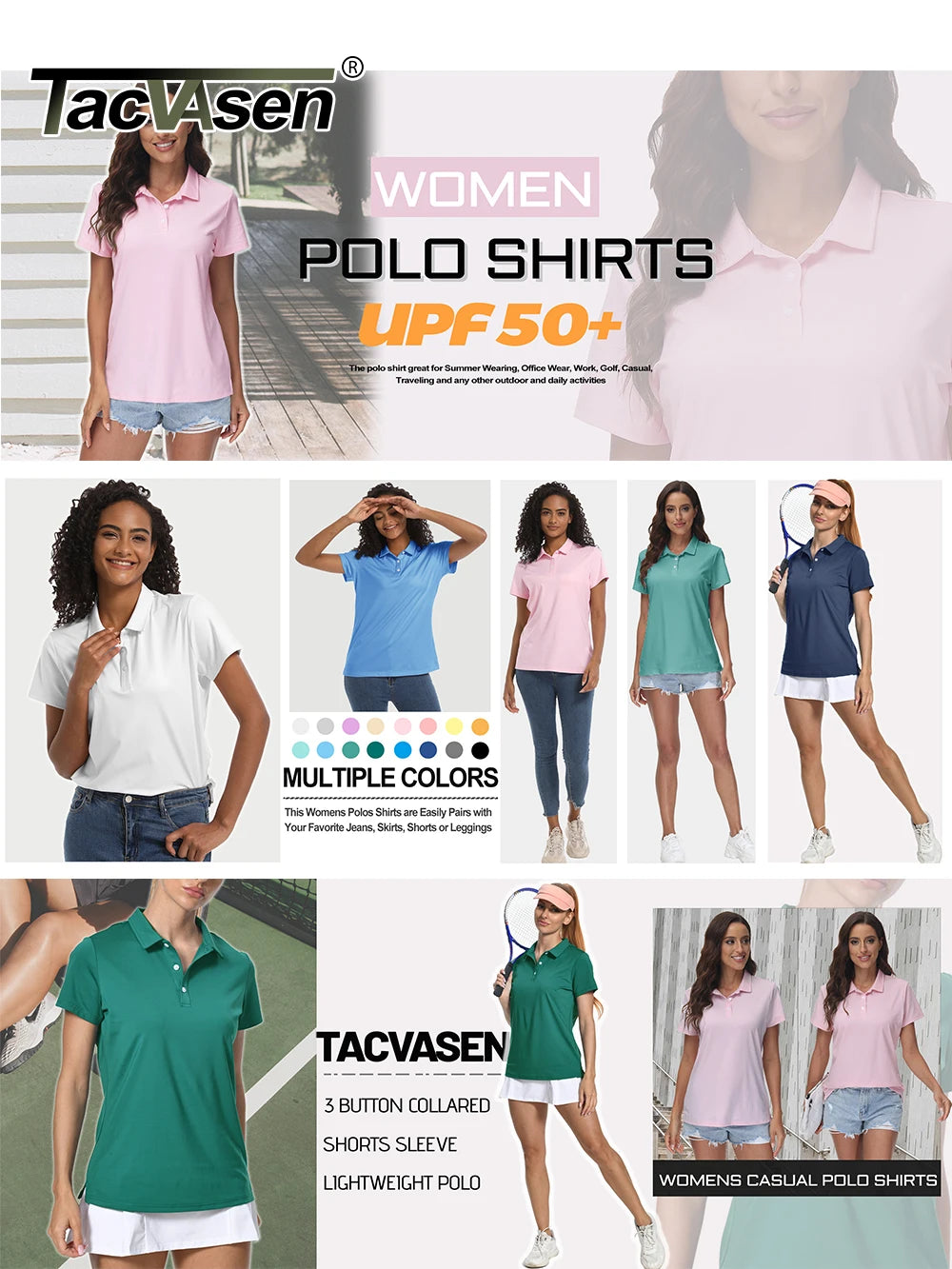 TACVASEN UPF 50+ Short Sleeve Golf Polos Shirts High Elastic Womens Sun Protection T-shirts Quick Dry Workout Tee Pullover Tops