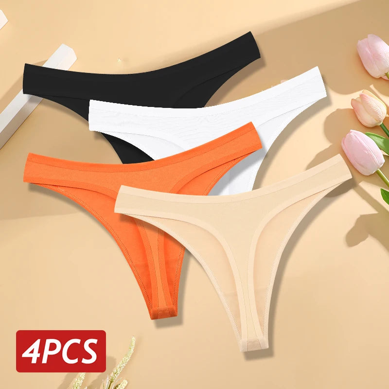 Kit 4 Calcinhas Fio Dental de Algodão Sem Costura Cintura Baixa em V Respirável Feminina