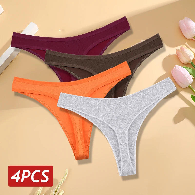 Kit 4 Calcinhas Fio Dental de Algodão Sem Costura Cintura Baixa em V Respirável Feminina