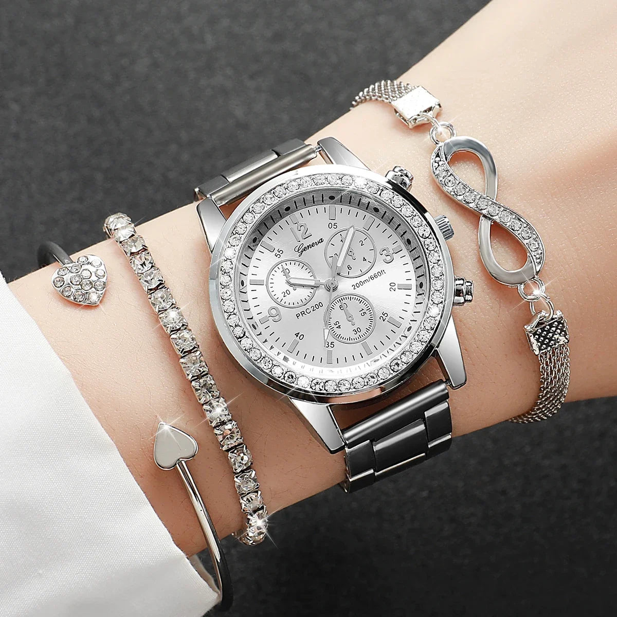 Conjunto 4 Peças Relógio Feminino com Strass e Pulseiras