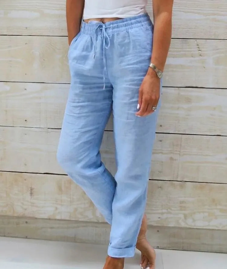 Calça Pantalona Feminina de Algodão e Linho com Cintura Elástica