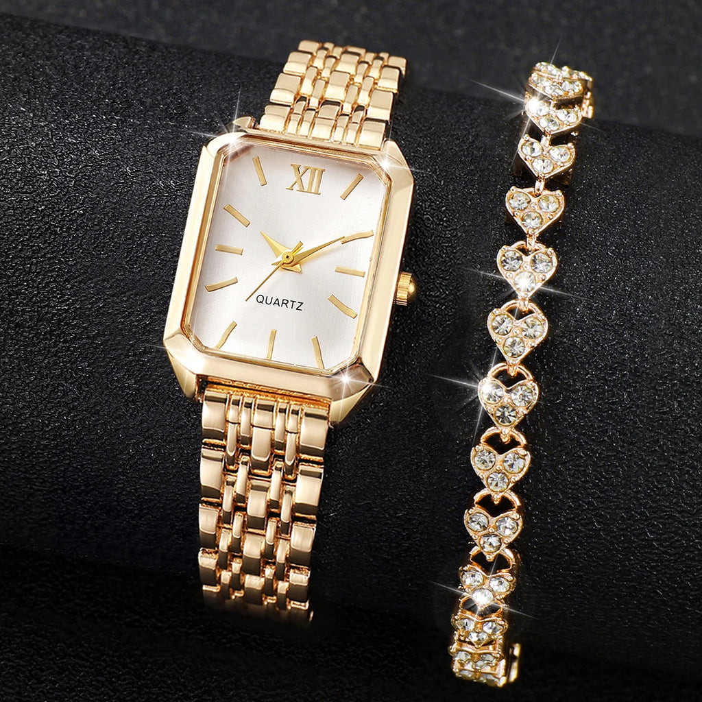 Kit 2 Peças Relógio Feminino Retangular de Quartzo com Pulseira de Strass