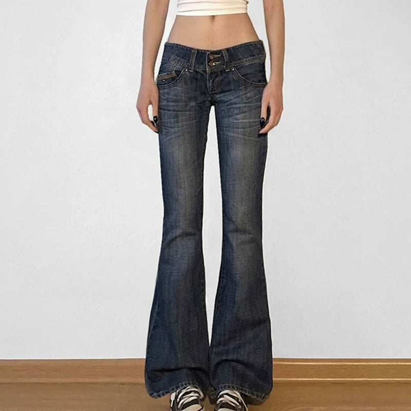 Calça Jeans Boot Cut Y2K Cintura Baixa Preta Listrada