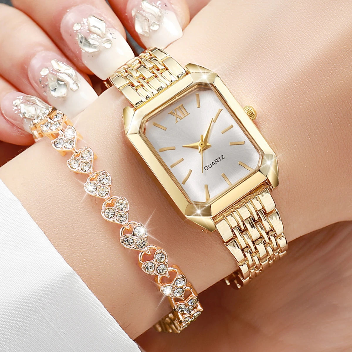 Kit 2 Peças Relógio Feminino Retangular de Quartzo com Pulseira de Strass