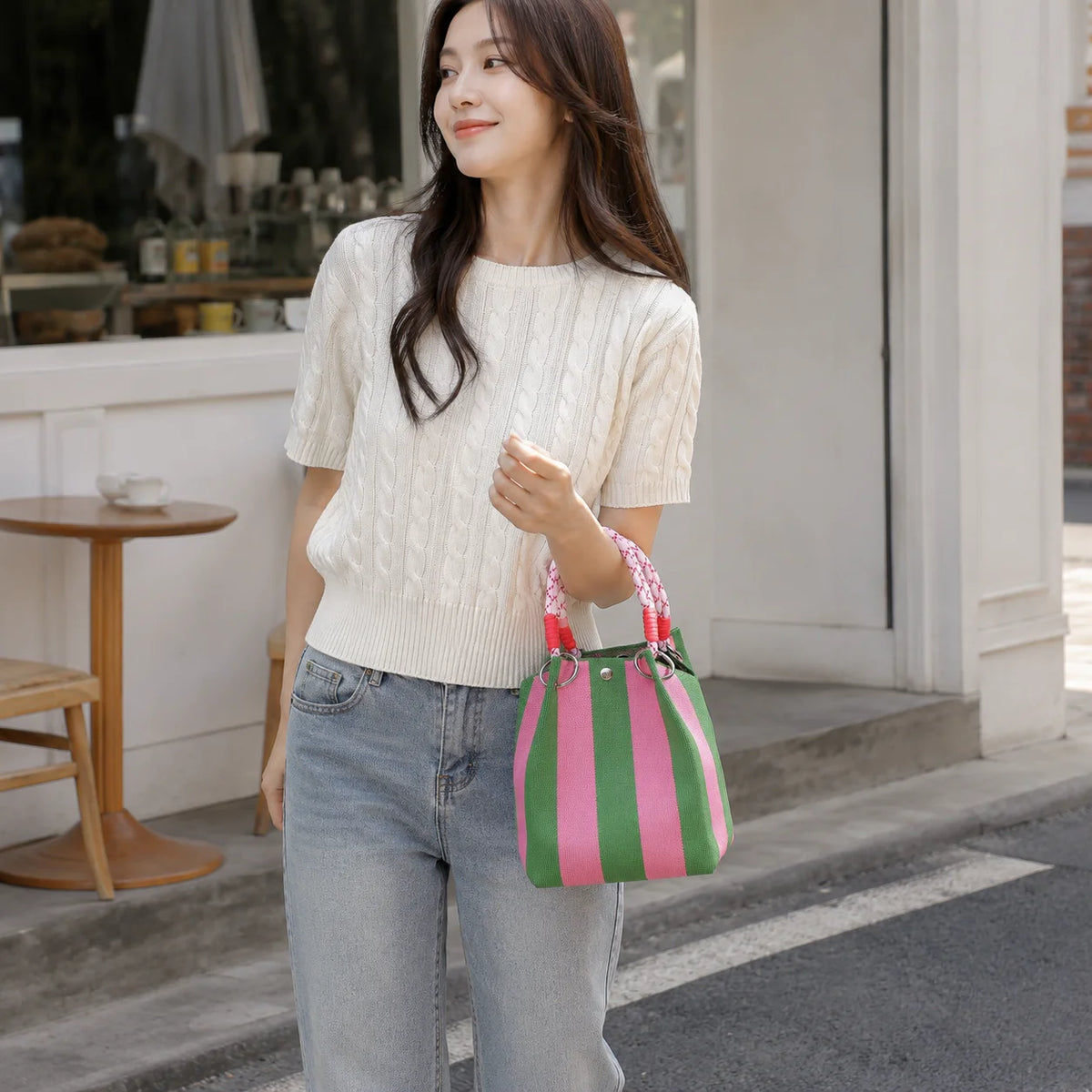 Bolsa Tote Mini de Crochê Listrada Estilo Coreano – Leve para o Verão
