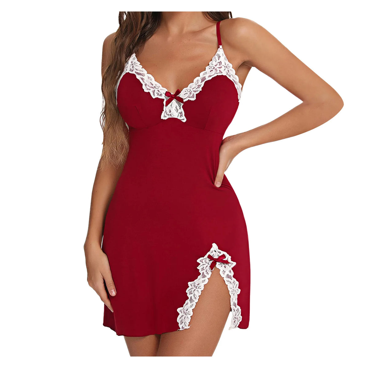 Camisola de Cetim com Renda e Decote V – Fenda Lateral