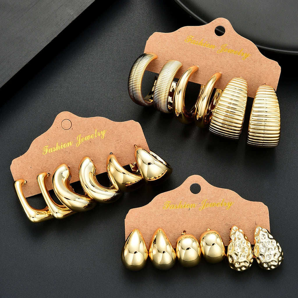 Kit 18 Pares de Brincos Argola Gota Vintage Punk – Dourado e Prateado, Uso Diário
