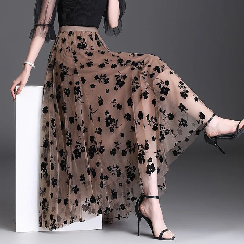 Saia Midi de Tule com Flores Bordadas Cintura Alta – Estilo Coreano