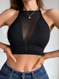 Top Cropped Feminino Canelado com Tule e Costas Abertas