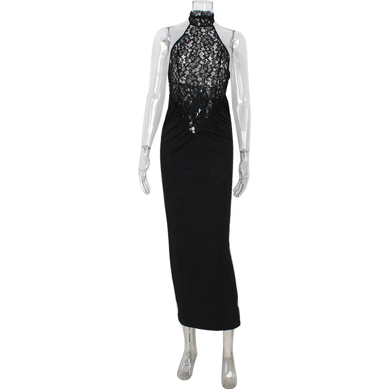 Vestido Longo de Renda Preto Tubinho sem Mangas – Moda Streetwear Elegante