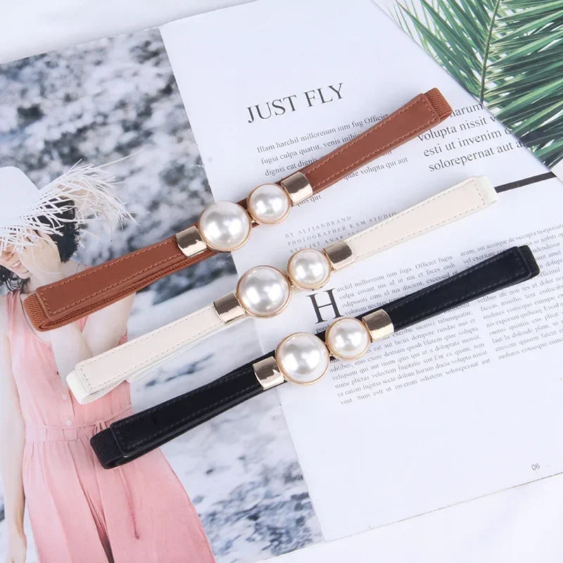 Cinto Feminino Corrente com Pérolas Elástico Ajustável – Fino e Elegante