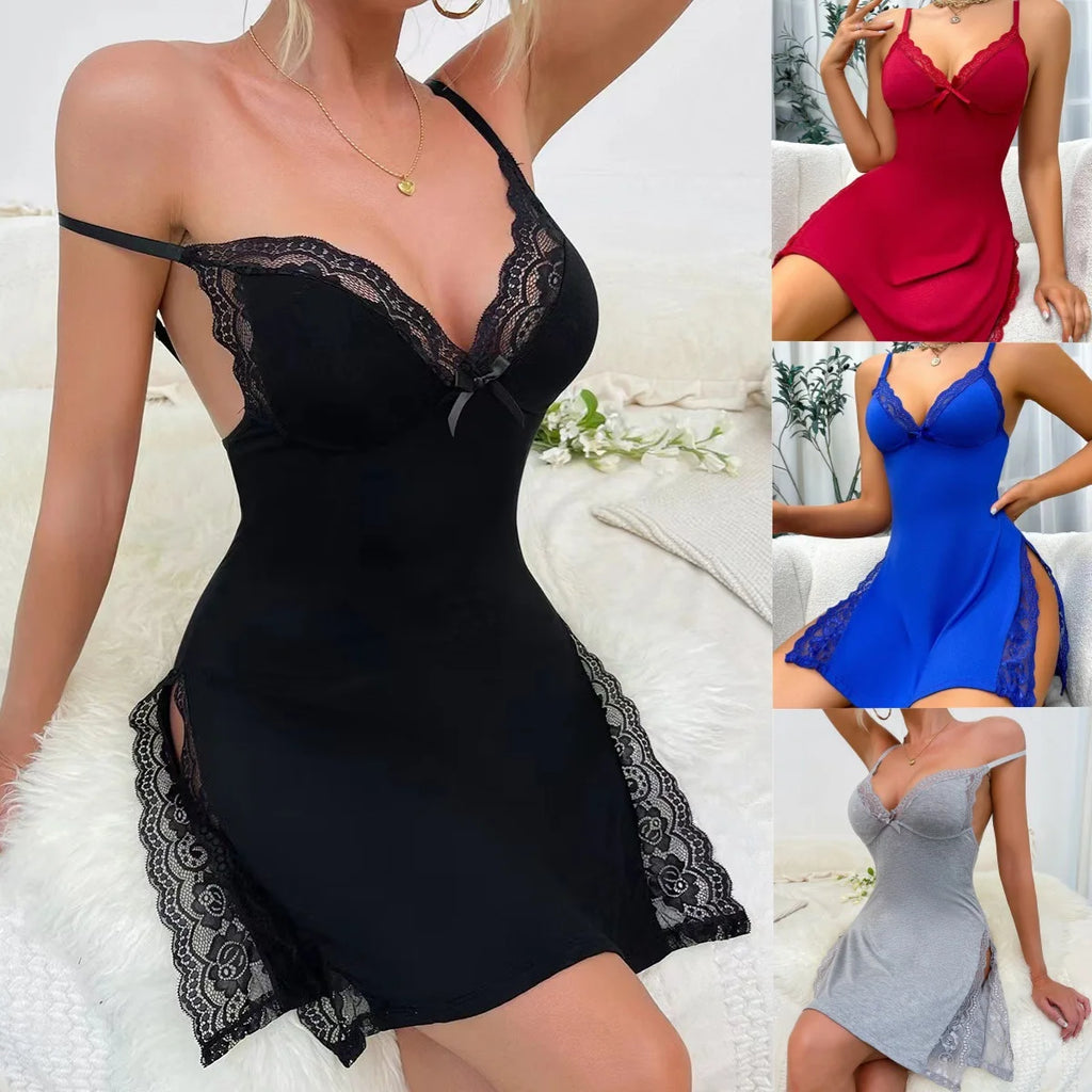 Camisola Chemise de Alcinha com Renda, Decote V e Fenda