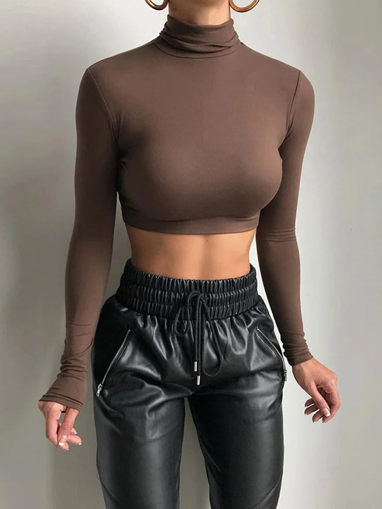 Blusa Cropped Gola Alta Básica Ajustada Feminina