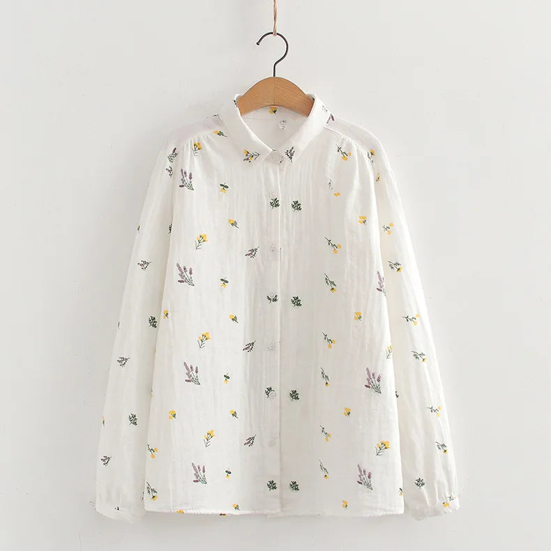 Embroidered Cotton Women's Long Sleeve Shirts White Blue 2026 Spring New Casual Women Loose Blouses and Tops Fine Female Clothes