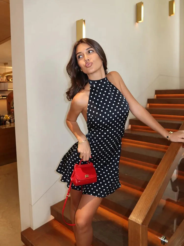 Vestido Curto Frente Única Poá Costas Abertas Justo Sem Manga