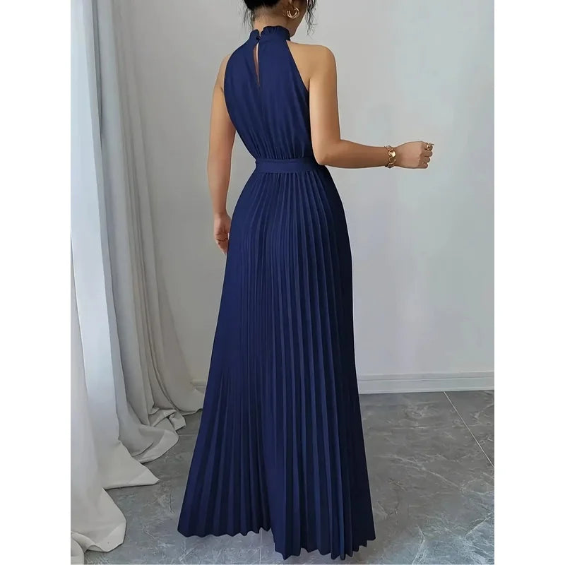 Vestido Longo Azul Marinho Ombro a Ombro com Laço na Cintura