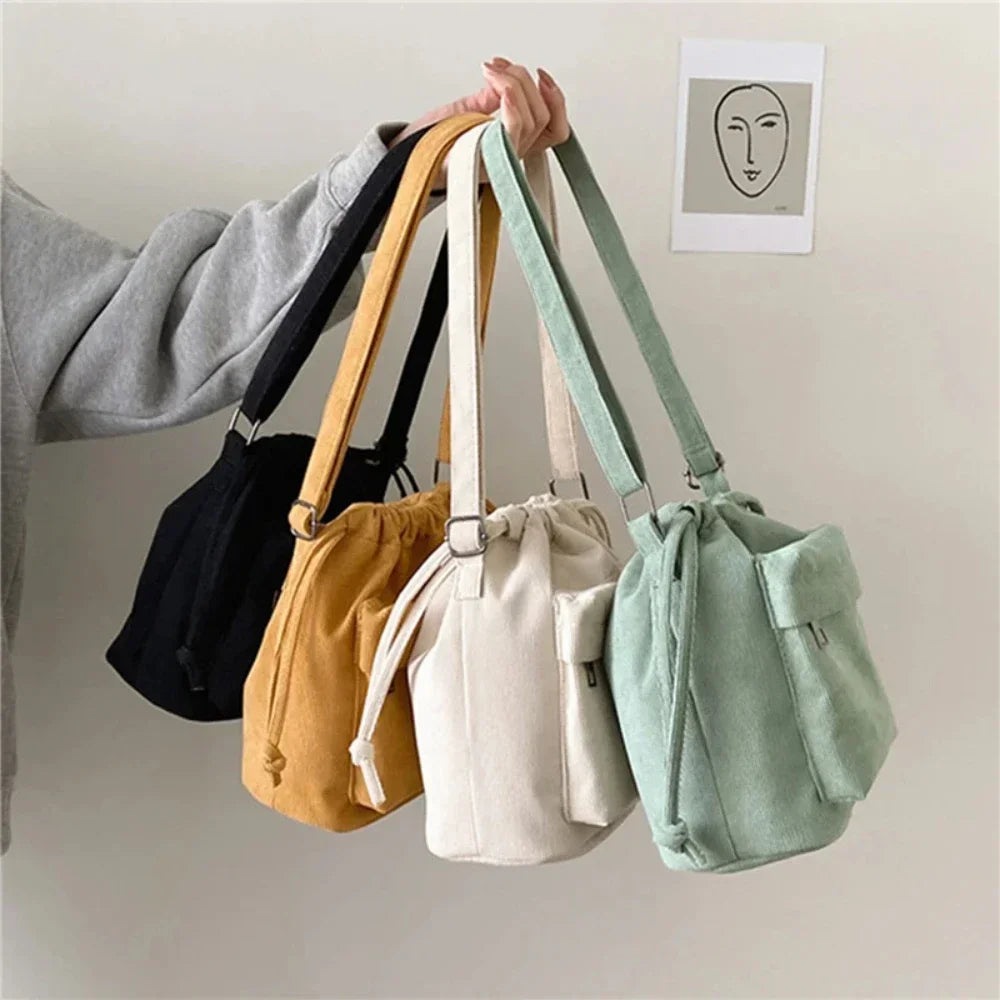 Bolsa Saco Feminina de Ombro com Cordão Estilo Coreano – Leve e Casual, 4 Cores