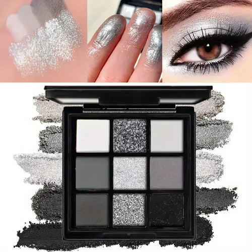 9 Colors Eye Shadow Palette, Dark Black Grey Silvery Color Shimmer Matte Finish Smokey Style Stage Party Performance Makeup