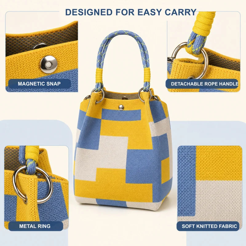 Mini Bolsa Bucket de Tricô Feminina com Alça Removível – Bolsa de Mão Geométrica Colorida