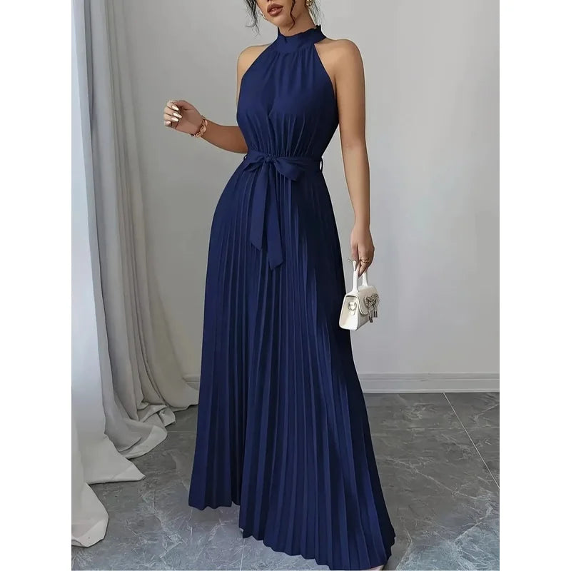 Vestido Longo Azul Marinho Ombro a Ombro com Laço na Cintura