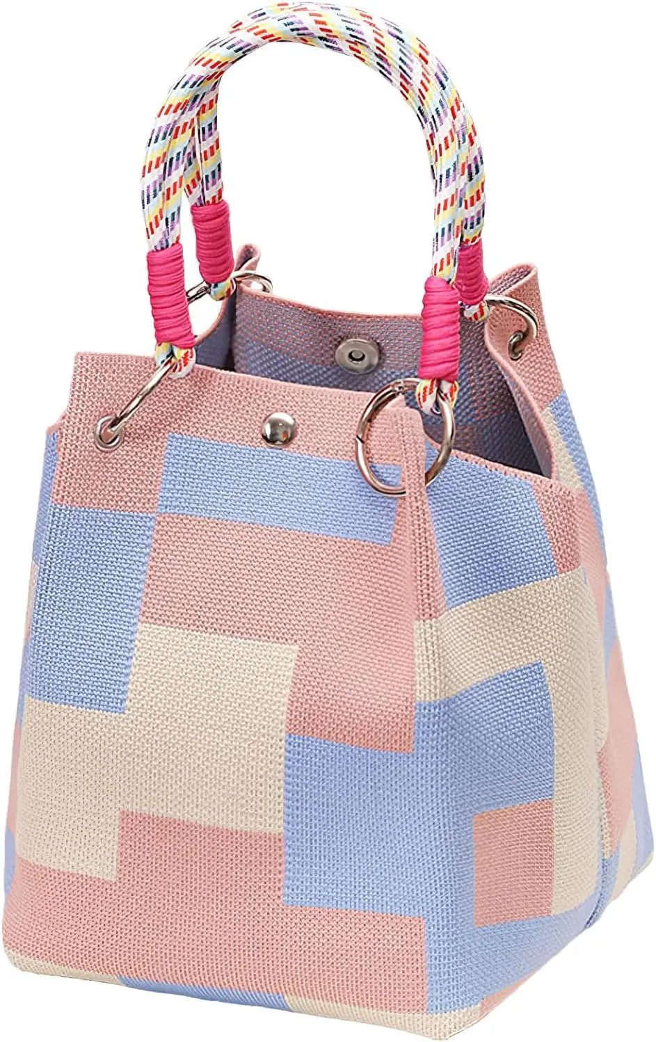 Mini Bolsa Bucket de Tricô Feminina com Alça Removível – Bolsa de Mão Geométrica Colorida