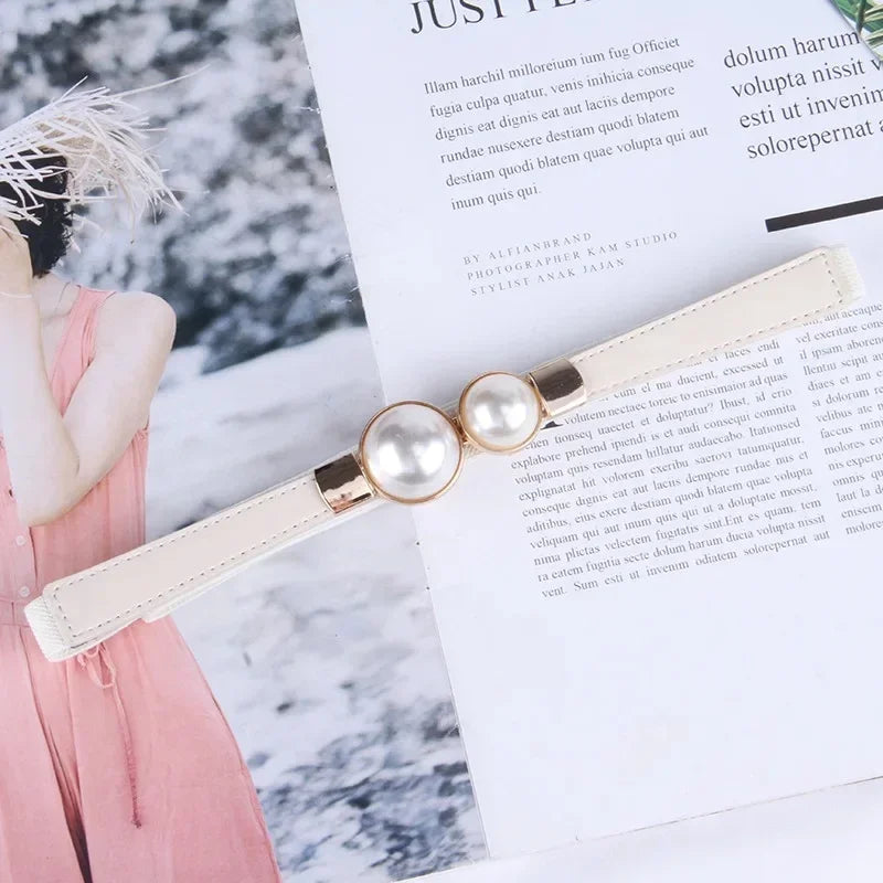 Cinto Feminino Corrente com Pérolas Elástico Ajustável – Fino e Elegante