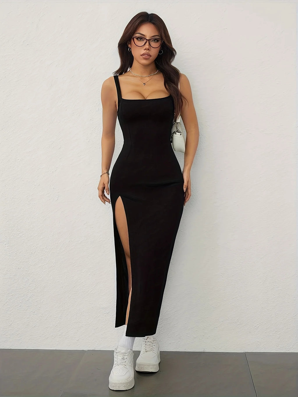 Vestido Elegante Ombro a Ombro Costas Nuas Fenda Alças