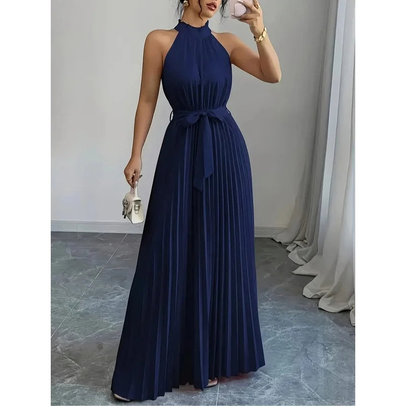 Vestido Longo Azul Marinho Ombro a Ombro com Laço na Cintura