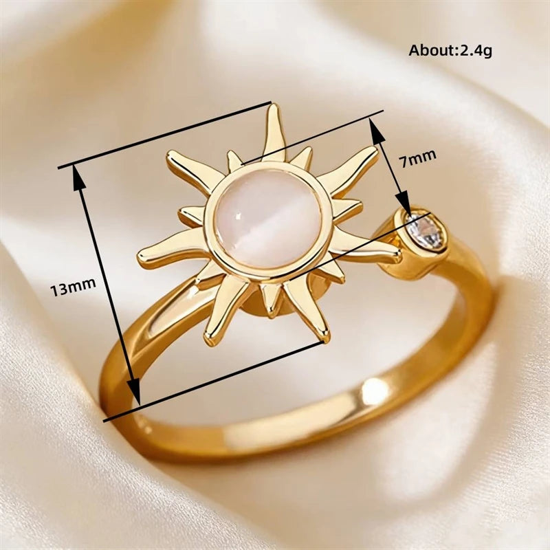 Anel Feminino Ajustável Sol com Pedra da Lua e Zircônia – Dourado ou Prateado