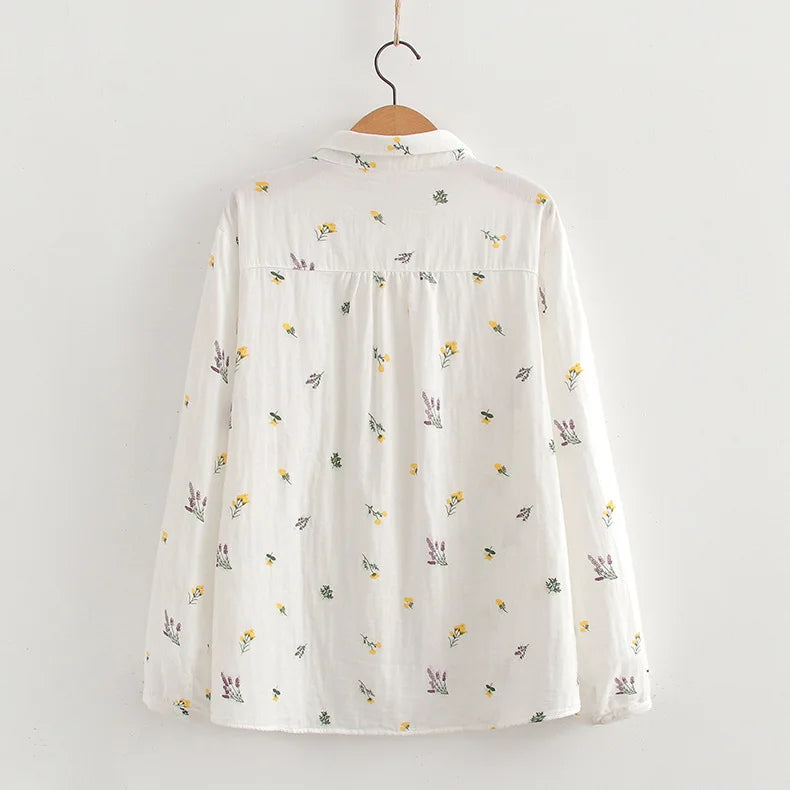 Embroidered Cotton Women's Long Sleeve Shirts White Blue 2026 Spring New Casual Women Loose Blouses and Tops Fine Female Clothes