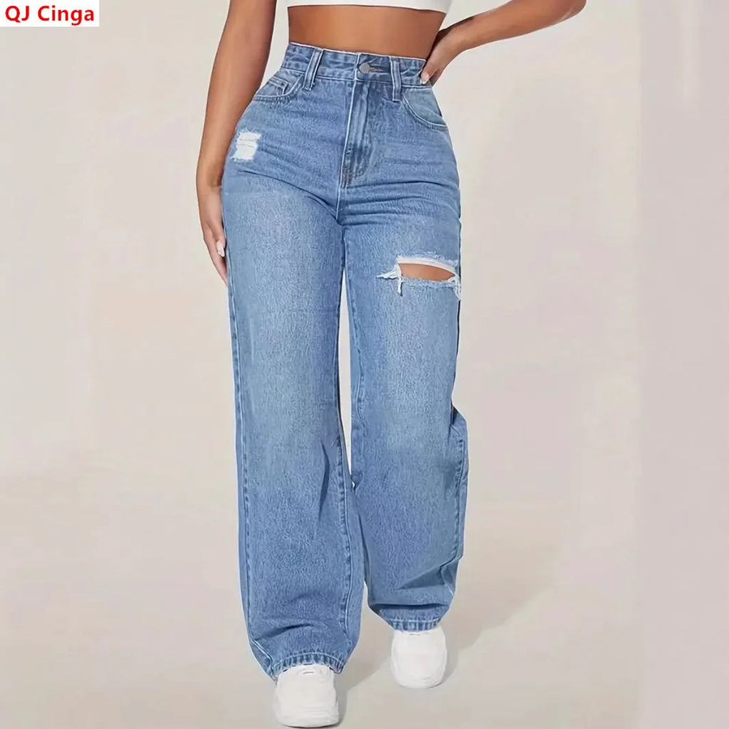 Calça Jeans Azul Rasgada Feminina Barra Desfiada
