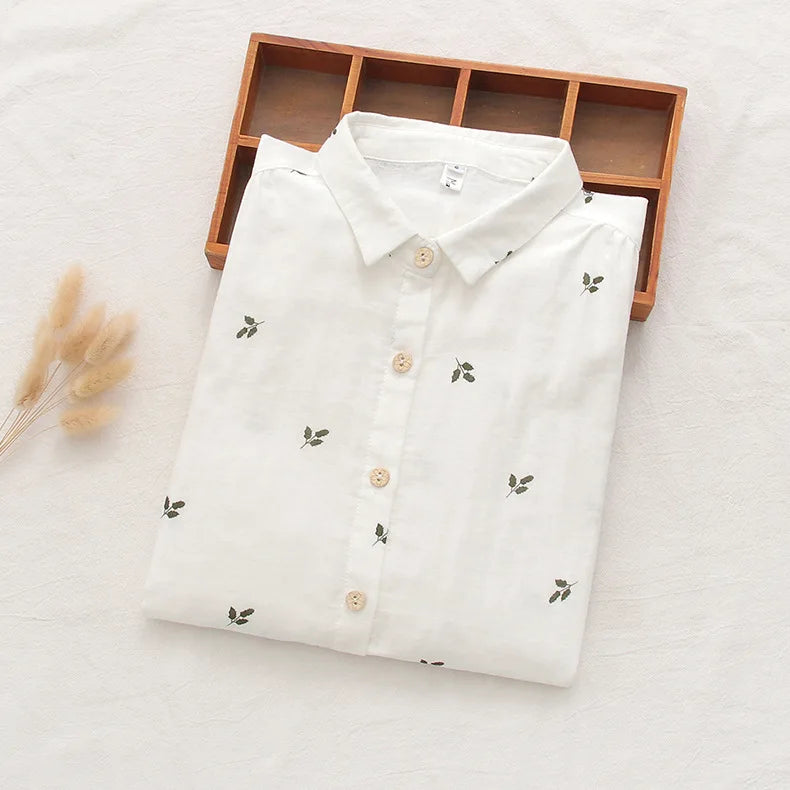 Embroidered Cotton Women's Long Sleeve Shirts White Blue 2026 Spring New Casual Women Loose Blouses and Tops Fine Female Clothes