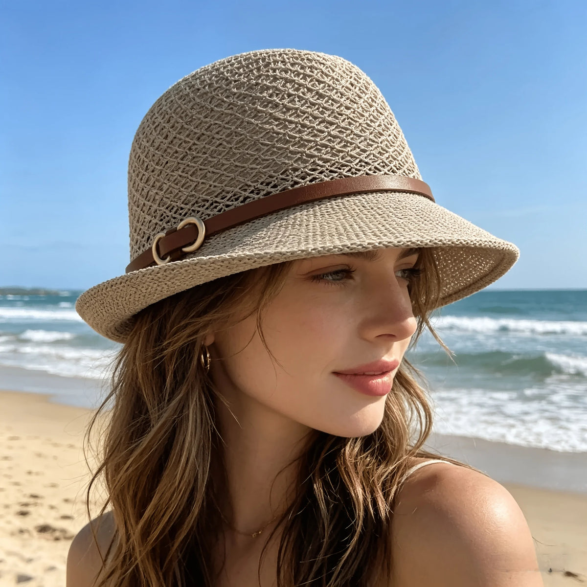 Chapéu Bucket de Palha Feminino com Detalhe de Cinto