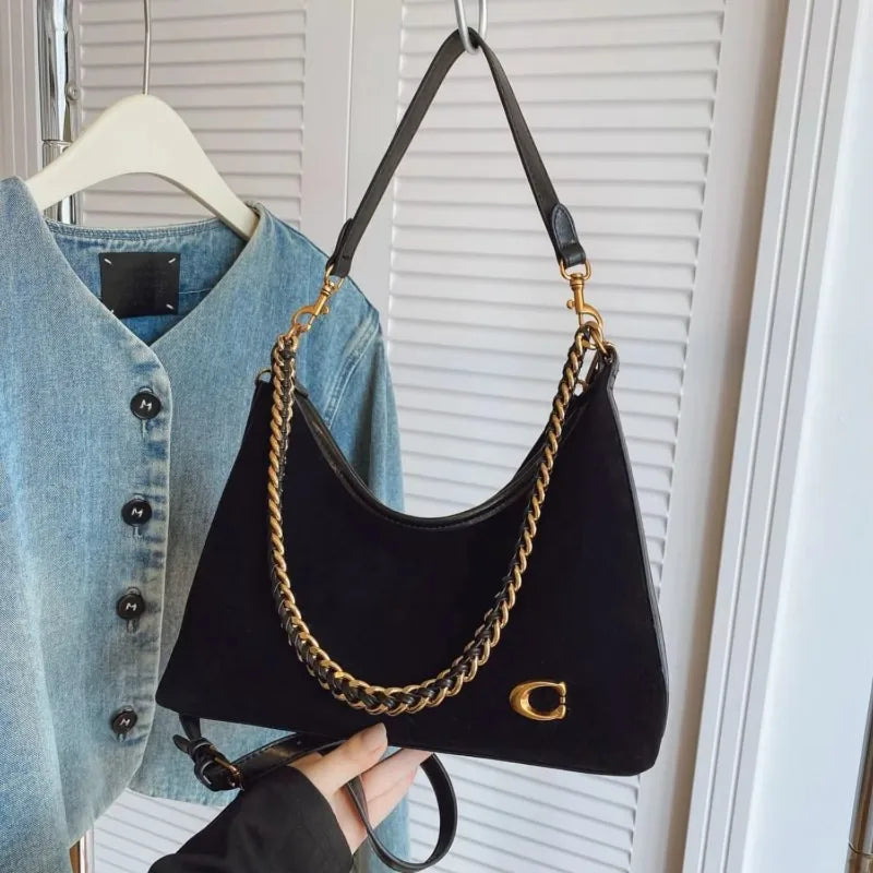 Bolsa Feminina Transversal de Ombro Preta, Grande Capacidade, Estilo Sofisticado