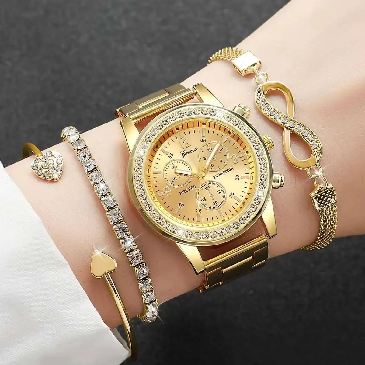 Conjunto 4 Peças Relógio Feminino com Strass e Pulseiras