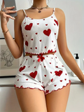 Conjunto Pijama Feminino Regata e Short com Estampa de Coração Vermelho Lingerie Sexy (P ao GG)