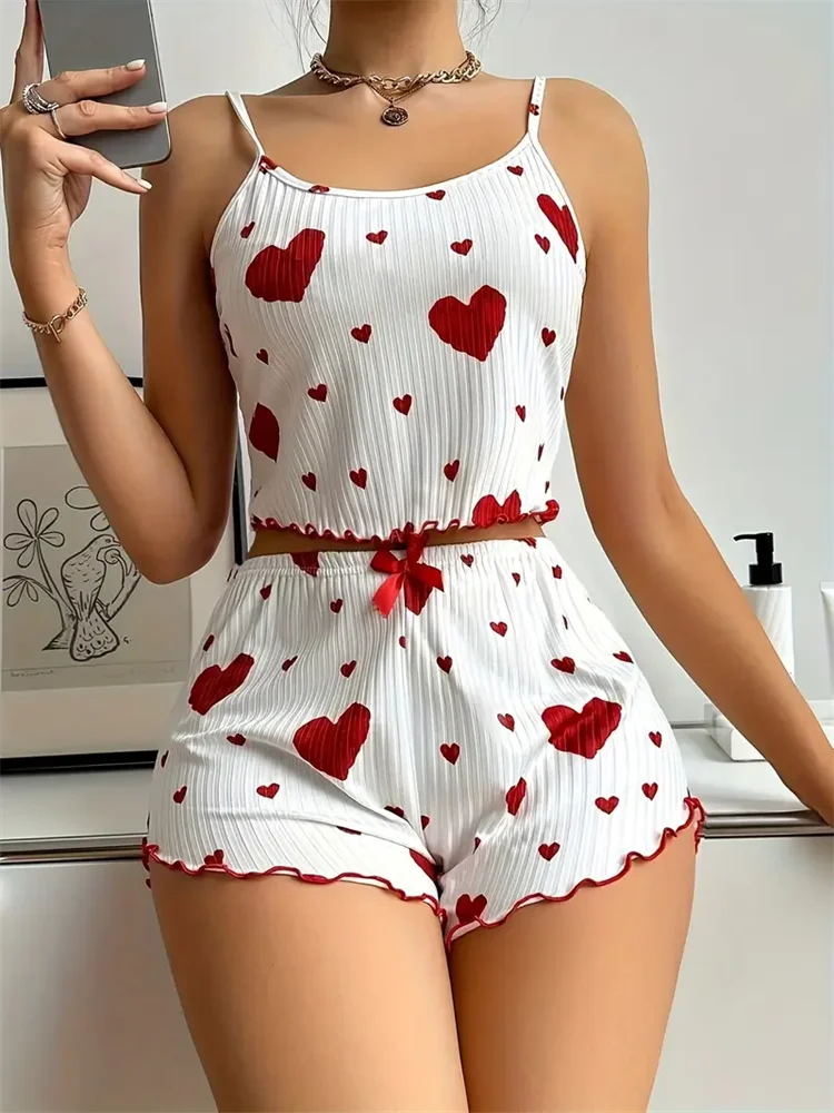 Conjunto Pijama Feminino Regata e Short com Estampa de Coração Vermelho Lingerie Sexy (P ao GG)