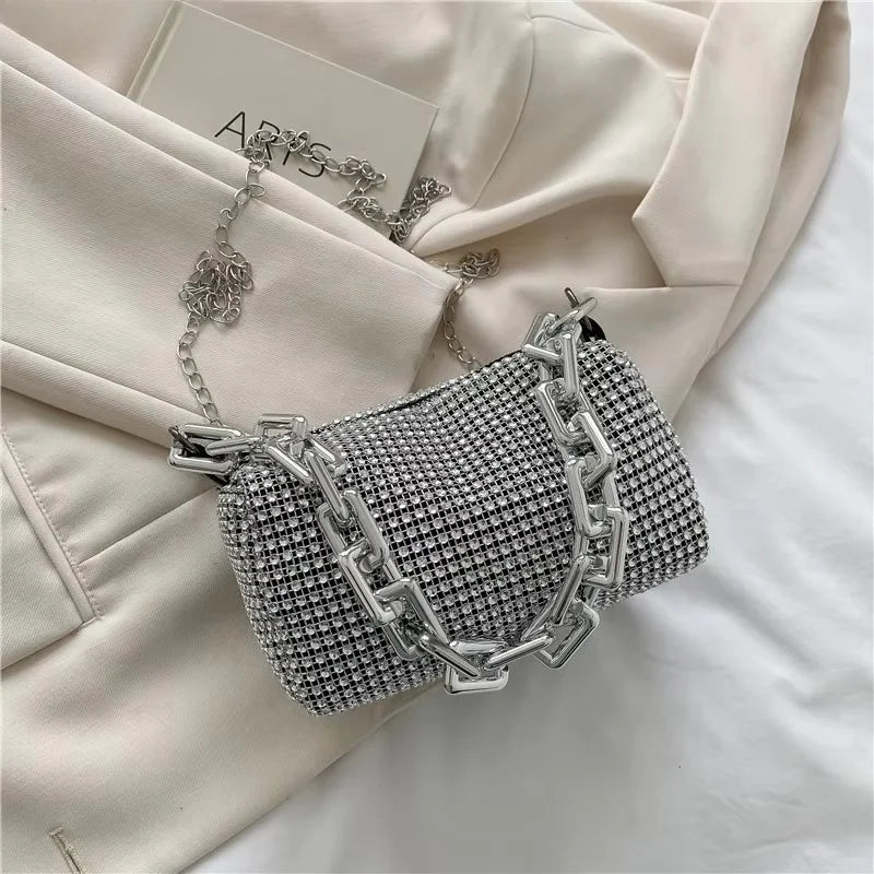 Allover Rhinestone Bucket Bag, Glitter Chain Prom Purse, Women's Mini Crossbody Bag (6.3*3.54) Inch
