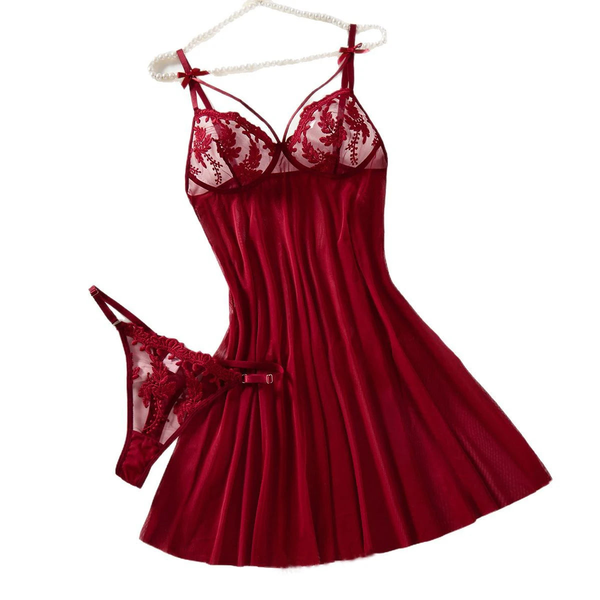 Camisola Vinho com Bordado de Espiga de Trigo e Laço – Semitransparente