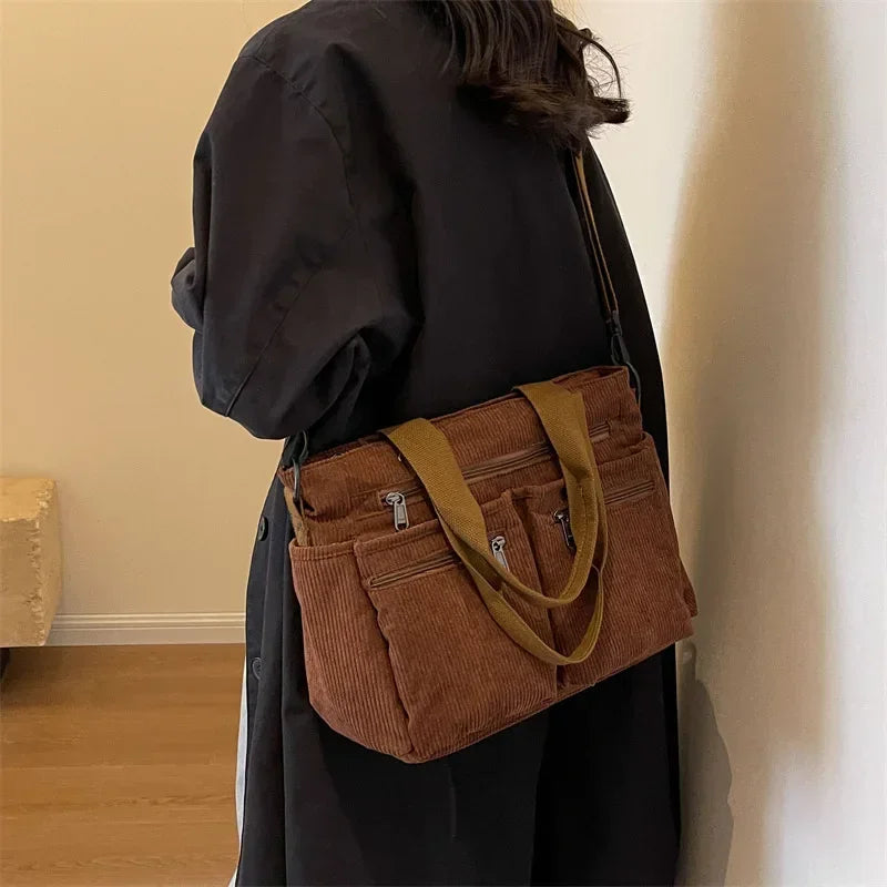 Bolsa Tiracolo de Veludo Cotelê Grande Capacidade