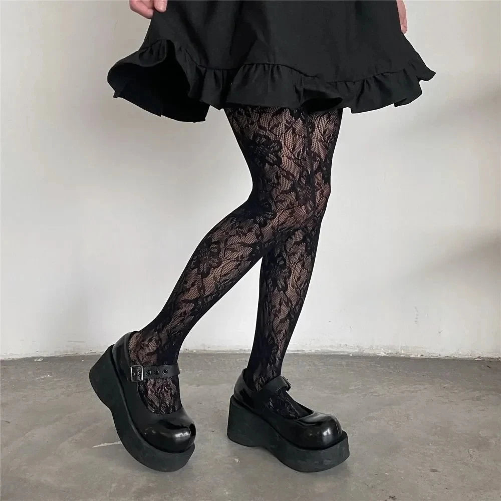 Meia-Calça Gótica Vazada Y2K com Flores